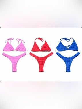 NWOT 3 Piece Bikini Bundle Gingham Check High Cut Triangle Swim Pink Red Blue L